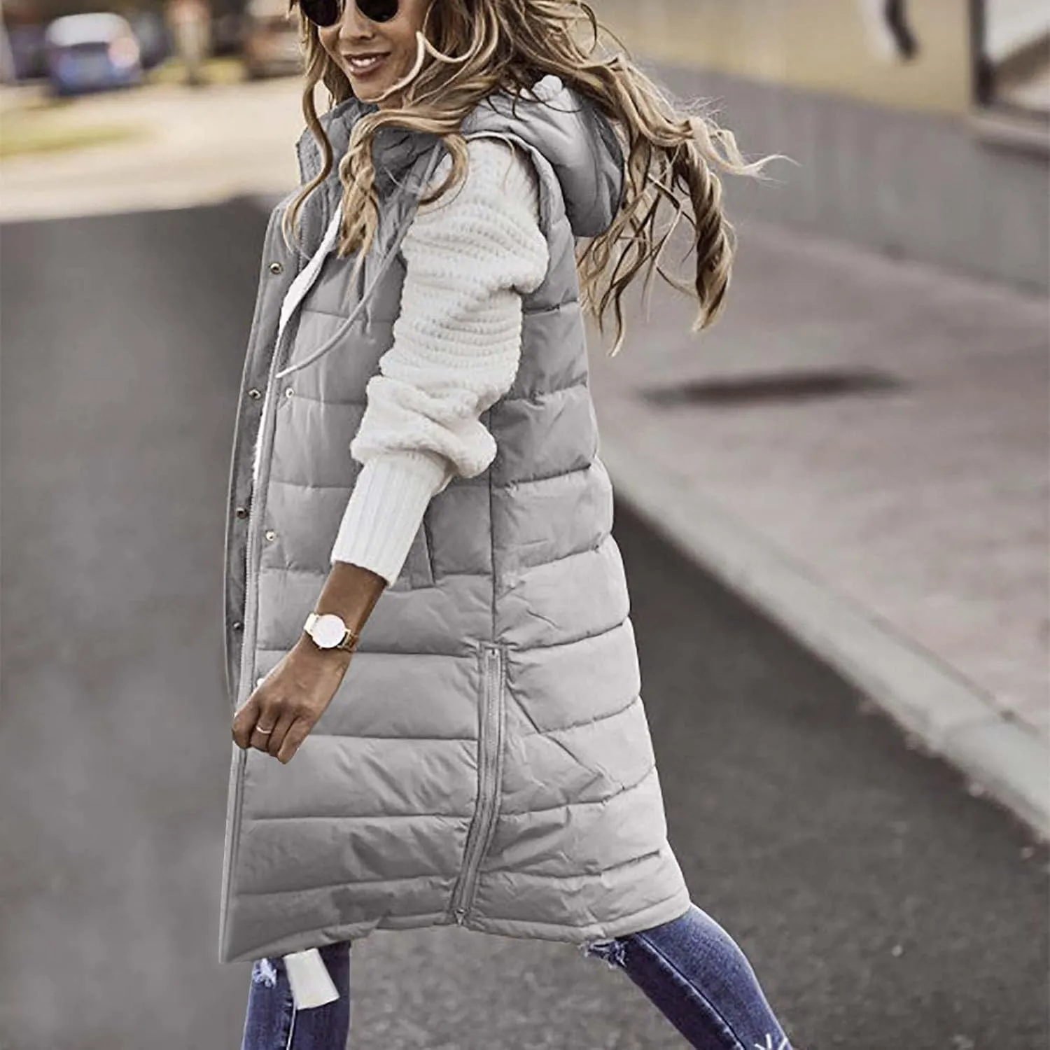 Women's Long Vest Sleeveless Lightweight Puffer Jacket Packable Hooded Down Soft Coat Quilted with Hood Winter