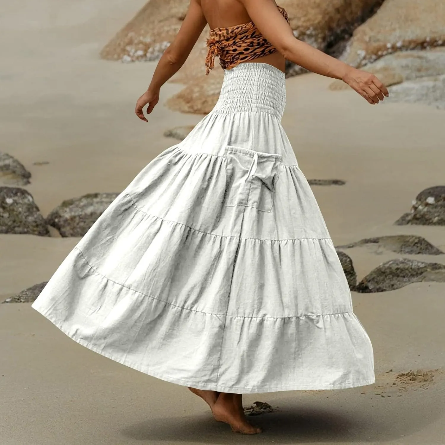 Womens Maxi Boho Skirt Long Pockets Hippie Bohemian Elastic Waist Gypsy Skirt Summer Flowy Pleated Tiered A Line Skirts