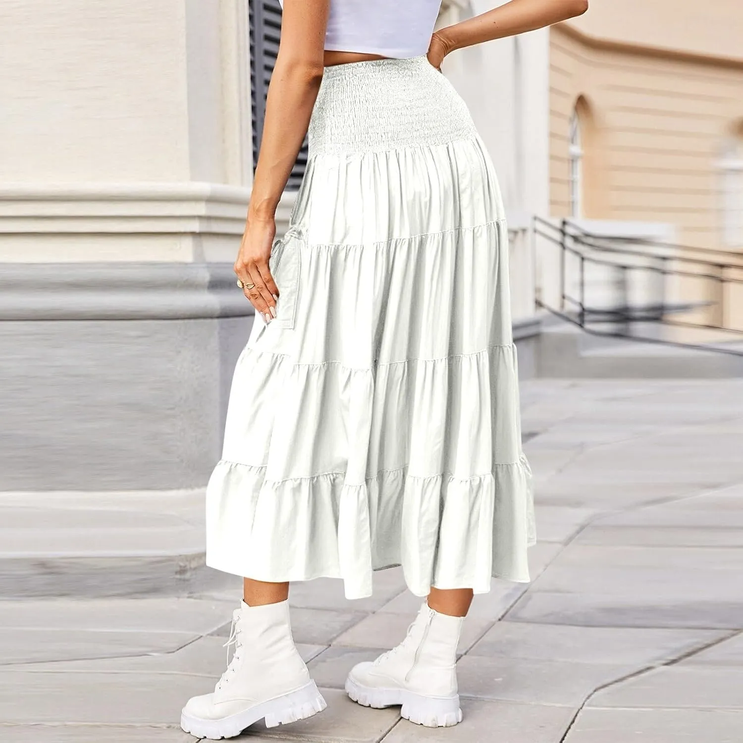 Womens Maxi Boho Skirt Long Pockets Hippie Bohemian Elastic Waist Gypsy Skirt Summer Flowy Pleated Tiered A Line Skirts
