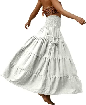 Womens Maxi Boho Skirt Long Pockets Hippie Bohemian Elastic Waist Gypsy Skirt Summer Flowy Pleated Tiered A Line Skirts