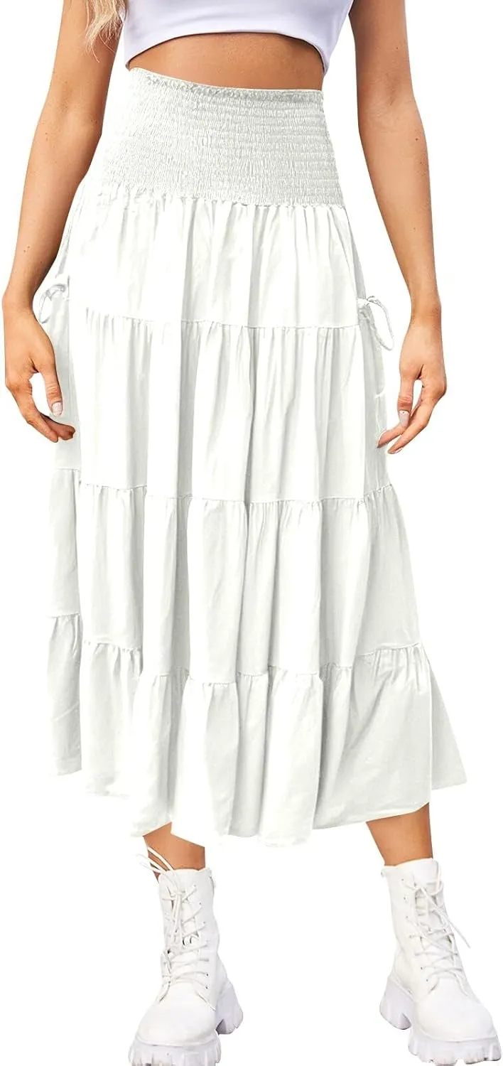 Womens Maxi Boho Skirt Long Pockets Hippie Bohemian Elastic Waist Gypsy Skirt Summer Flowy Pleated Tiered A Line Skirts