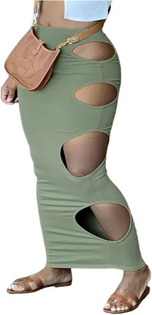 Womens Maxi Skirt Bodycon Unique Cutout Hole Stretch Dress Sexy High Waisted Pencil Skirt Nightout Clubwear