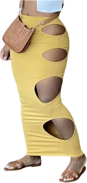 Womens Maxi Skirt Bodycon Unique Cutout Hole Stretch Dress Sexy High Waisted Pencil Skirt Nightout Clubwear