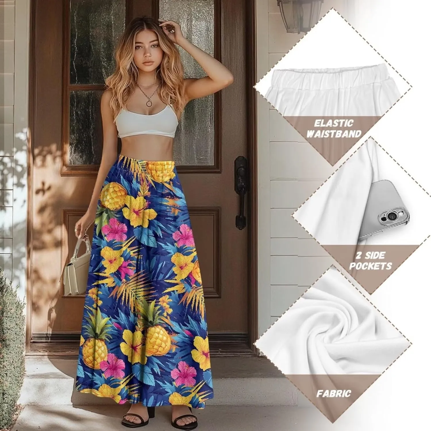 Women's Maxi Skirts Pleated High Waisted Casual Long Skirts Flowy Party Holiday Skirts with Pockets