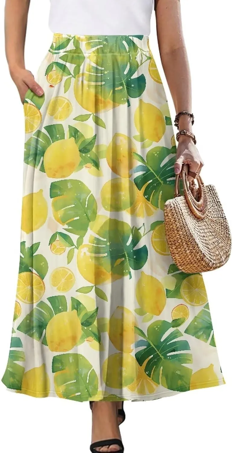 Women's Maxi Skirts Pleated High Waisted Casual Long Skirts Flowy Party Holiday Skirts with Pockets