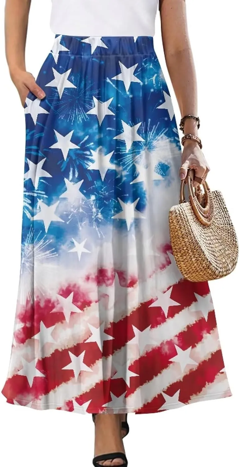 Women's Maxi Skirts Pleated High Waisted Casual Long Skirts Flowy Party Holiday Skirts with Pockets