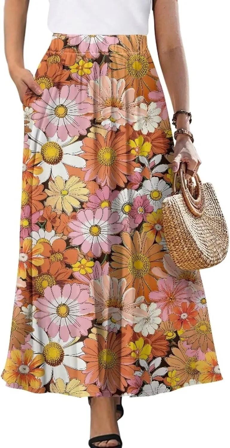 Women's Maxi Skirts Pleated High Waisted Casual Long Skirts Flowy Party Holiday Skirts with Pockets