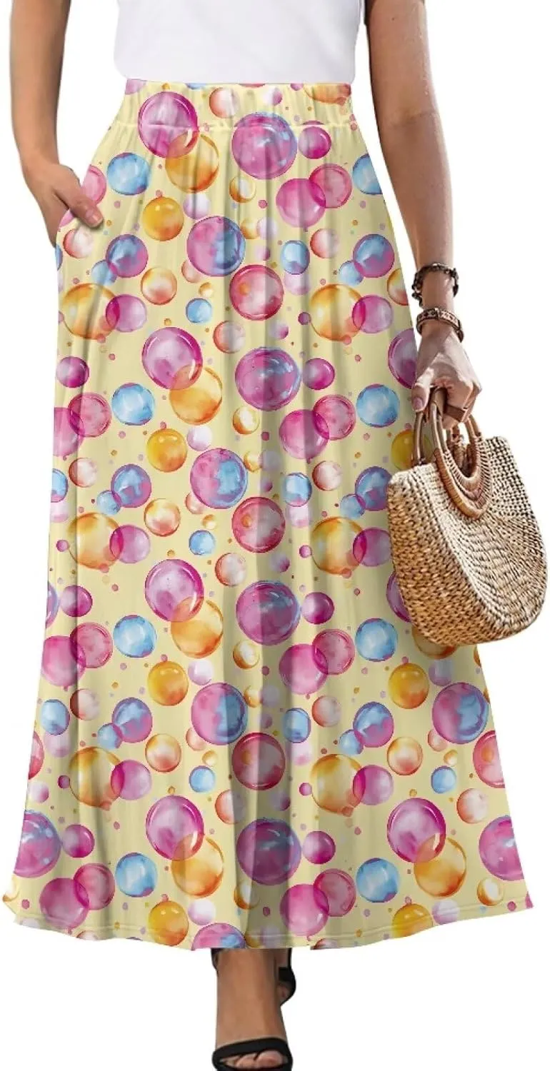 Women's Maxi Skirts Pleated High Waisted Casual Long Skirts Flowy Party Holiday Skirts with Pockets