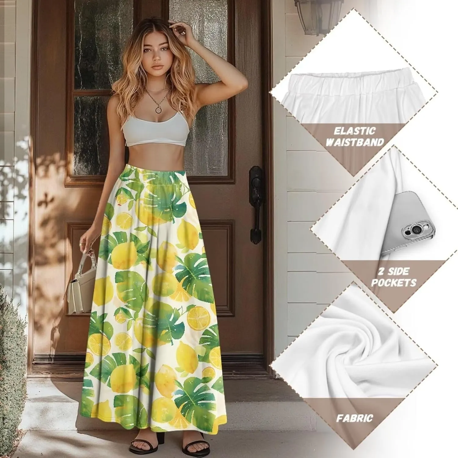 Women's Maxi Skirts Pleated High Waisted Casual Long Skirts Flowy Party Holiday Skirts with Pockets
