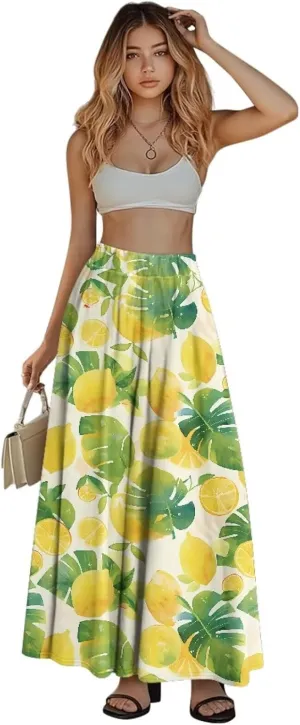 Women's Maxi Skirts Pleated High Waisted Casual Long Skirts Flowy Party Holiday Skirts with Pockets