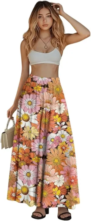 Women's Maxi Skirts Pleated High Waisted Casual Long Skirts Flowy Party Holiday Skirts with Pockets