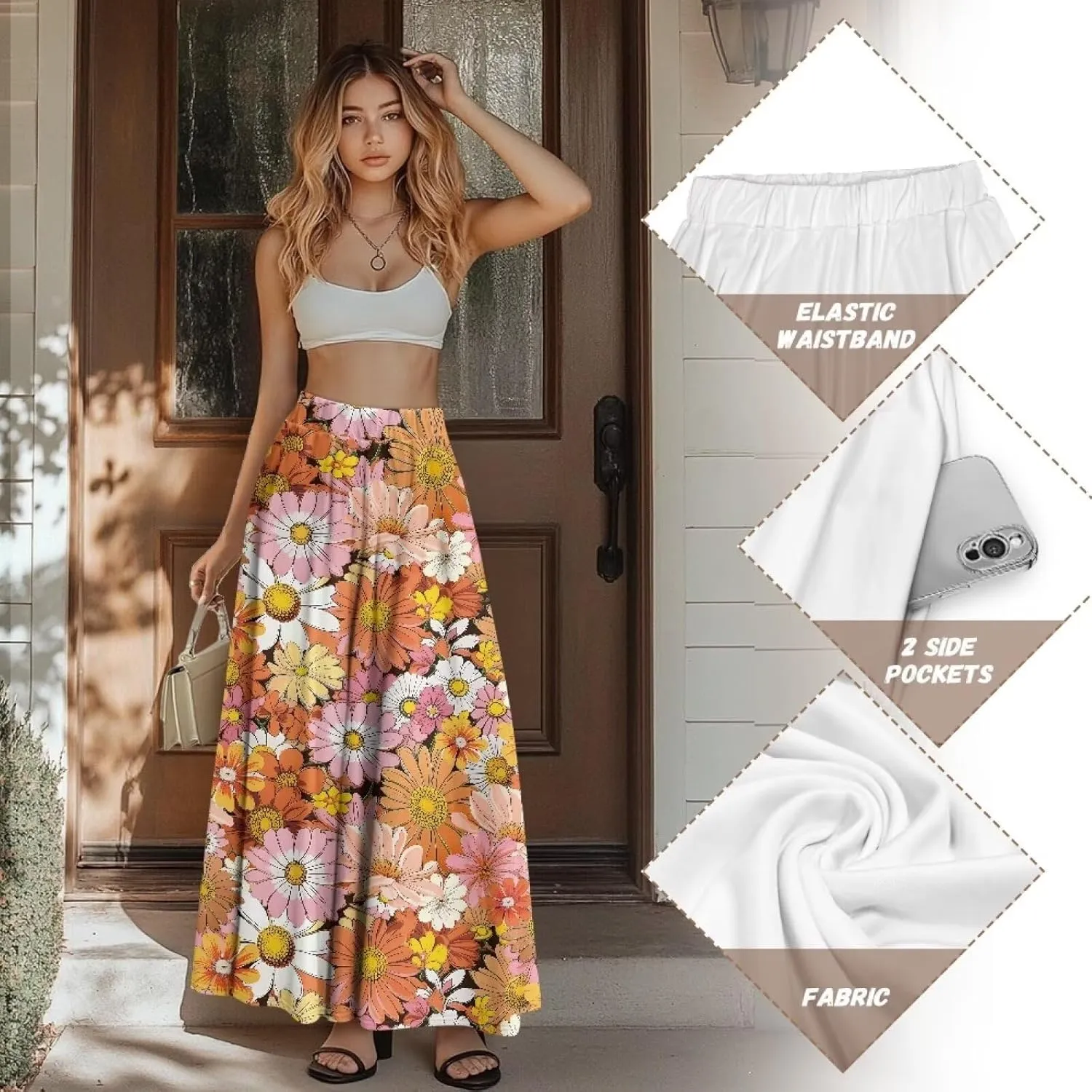 Women's Maxi Skirts Pleated High Waisted Casual Long Skirts Flowy Party Holiday Skirts with Pockets