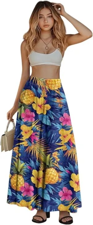 Women's Maxi Skirts Pleated High Waisted Casual Long Skirts Flowy Party Holiday Skirts with Pockets