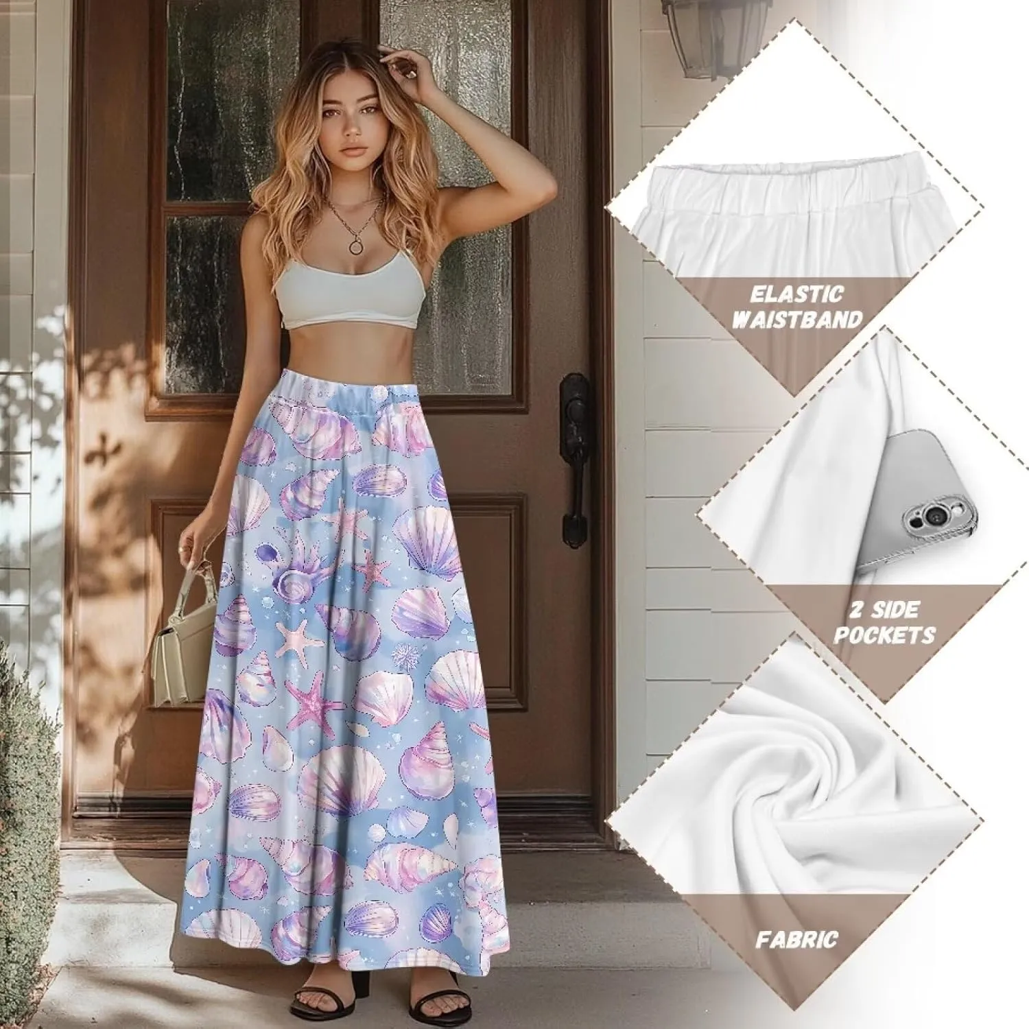 Women's Maxi Skirts Pleated High Waisted Casual Long Skirts Flowy Party Holiday Skirts with Pockets