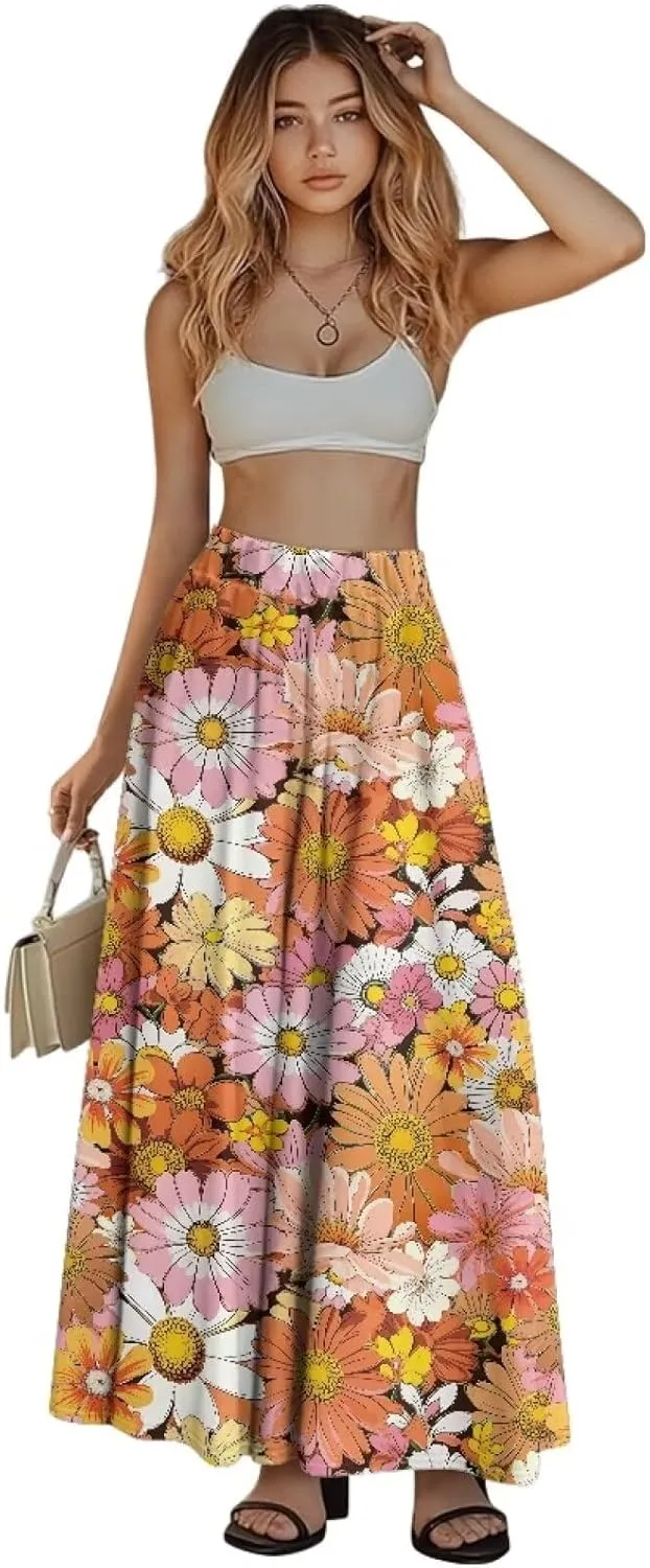 Women's Maxi Skirts Pleated High Waisted Casual Long Skirts Flowy Party Holiday Skirts with Pockets
