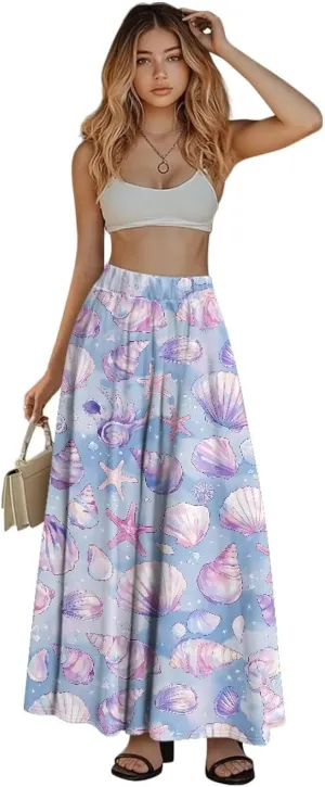 Women's Maxi Skirts Pleated High Waisted Casual Long Skirts Flowy Party Holiday Skirts with Pockets