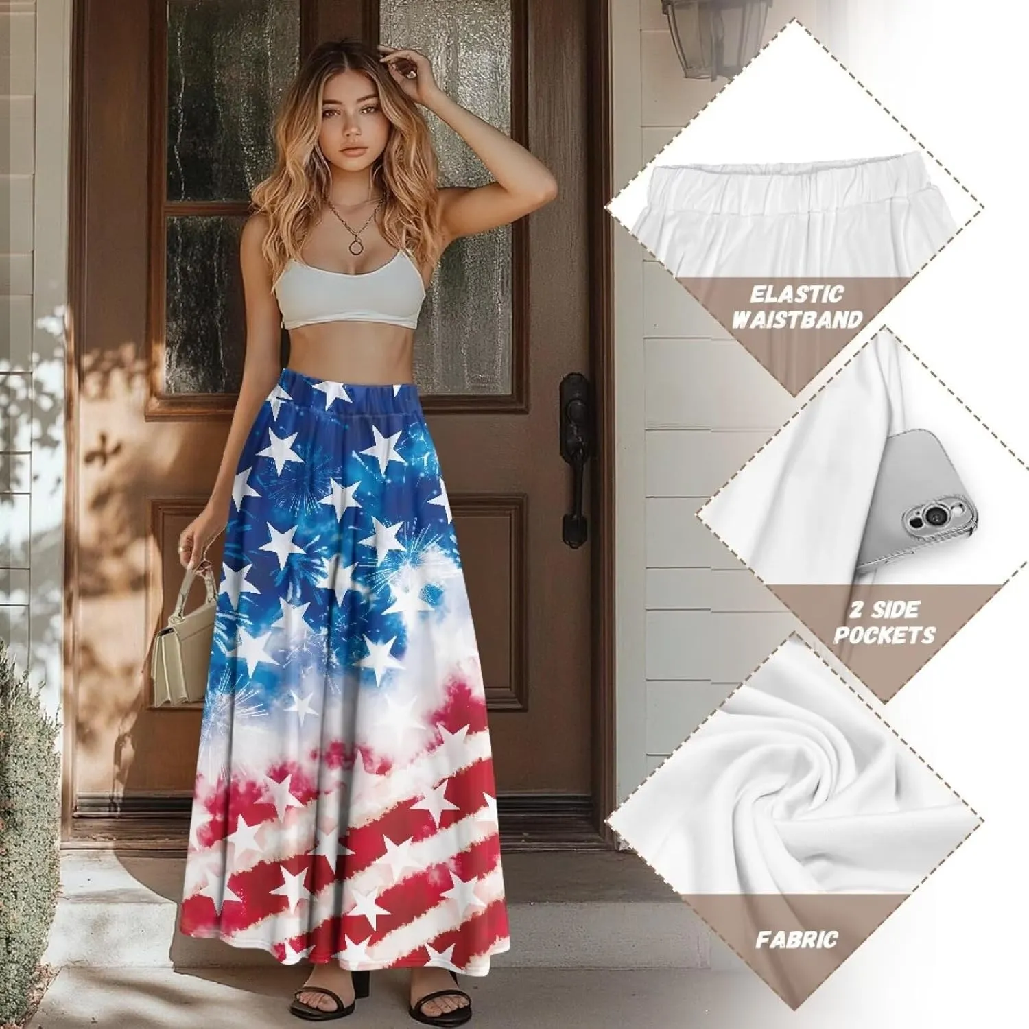 Women's Maxi Skirts Pleated High Waisted Casual Long Skirts Flowy Party Holiday Skirts with Pockets