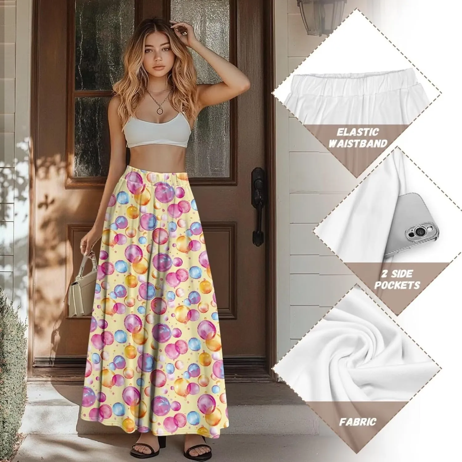 Women's Maxi Skirts Pleated High Waisted Casual Long Skirts Flowy Party Holiday Skirts with Pockets