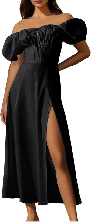 Womens Off The Shoulder Party Dresses Short Sleeve Flowy Long Dress Solid Color Casual Summer Dress