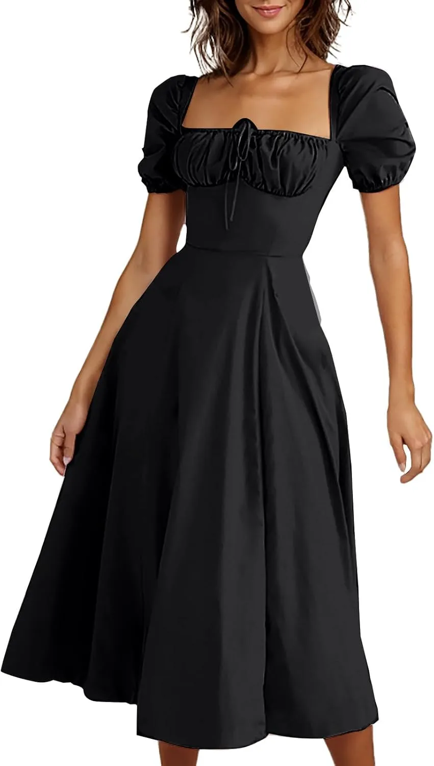Womens Off The Shoulder Party Dresses Short Sleeve Flowy Long Dress Solid Color Casual Summer Dress