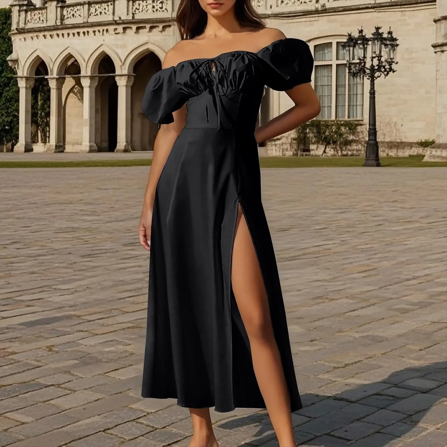 Womens Off The Shoulder Party Dresses Short Sleeve Flowy Long Dress Solid Color Casual Summer Dress
