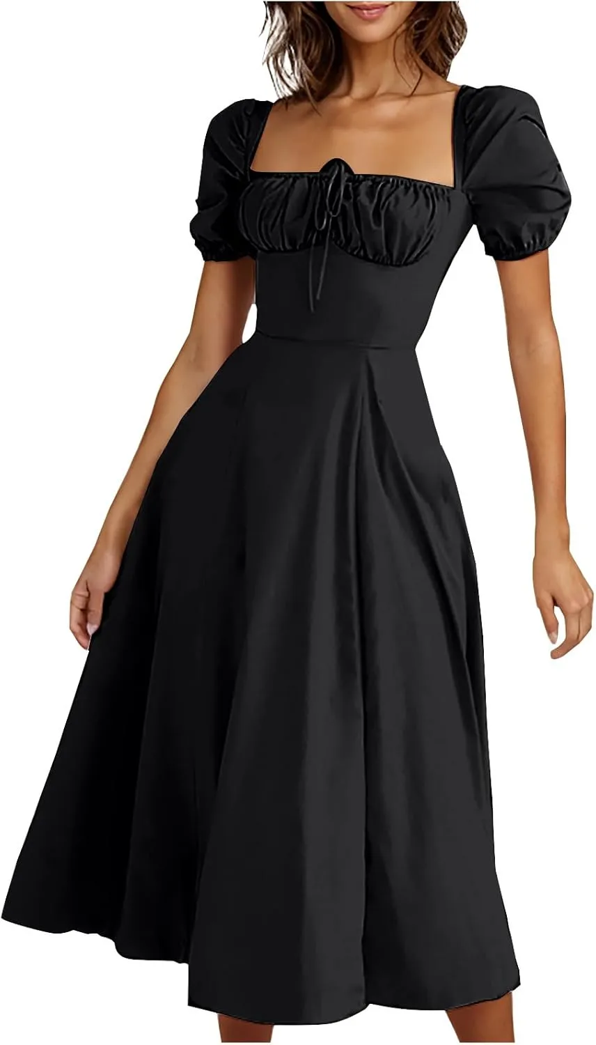 Womens Off The Shoulder Party Dresses Short Sleeve Flowy Long Dress Solid Color Casual Summer Dress