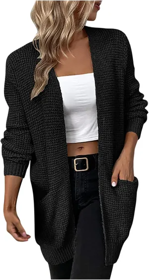 Women's Open Front Cardigan Long Sleeve Sweater Chunky Knit Sweater Loose Solid Color Outerwear Coats with Pockets