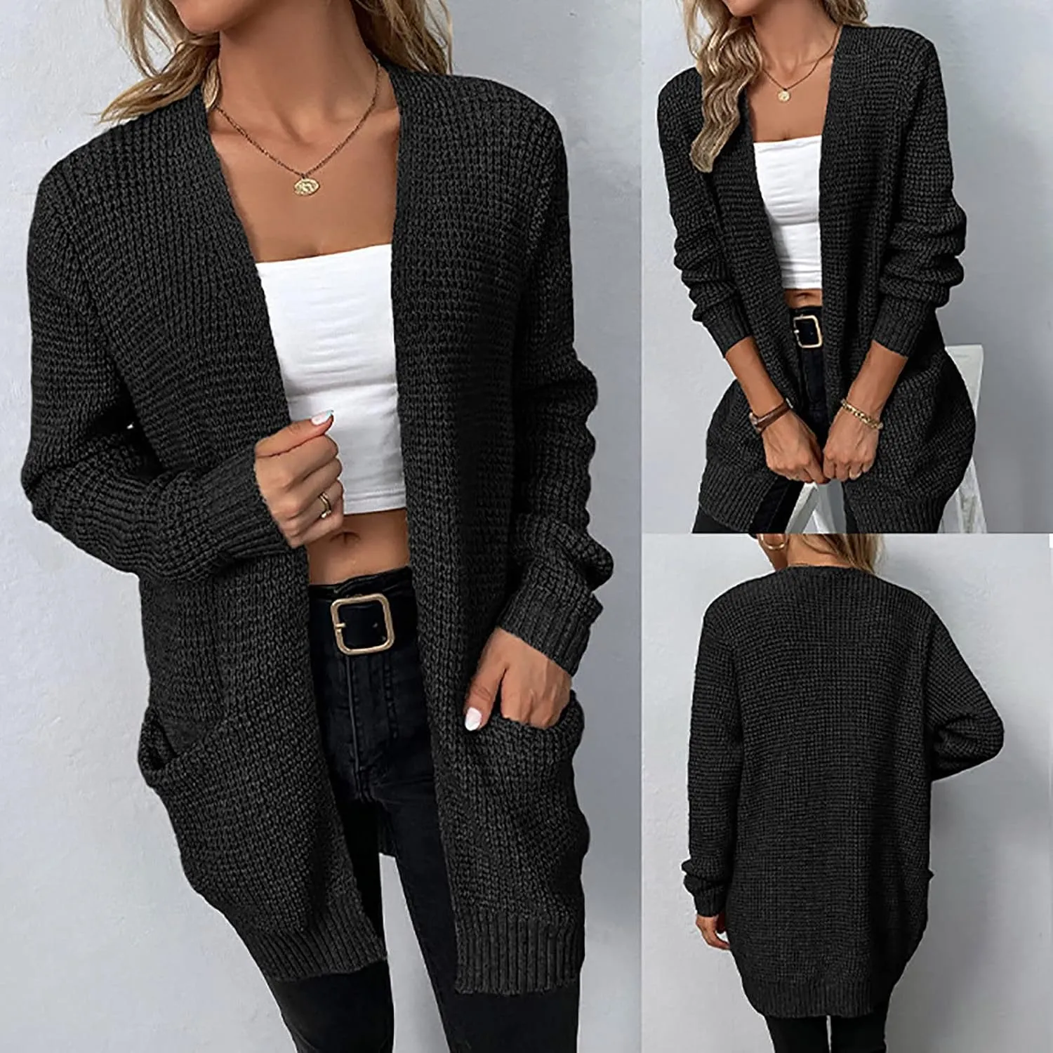 Women's Open Front Cardigan Long Sleeve Sweater Chunky Knit Sweater Loose Solid Color Outerwear Coats with Pockets