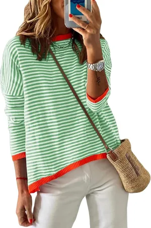 Womens Oversized Long Sleeve Sweaters Casual Crewneck Striped Color Block Knitted Jumpers Drop Shoulder Pullover Tops