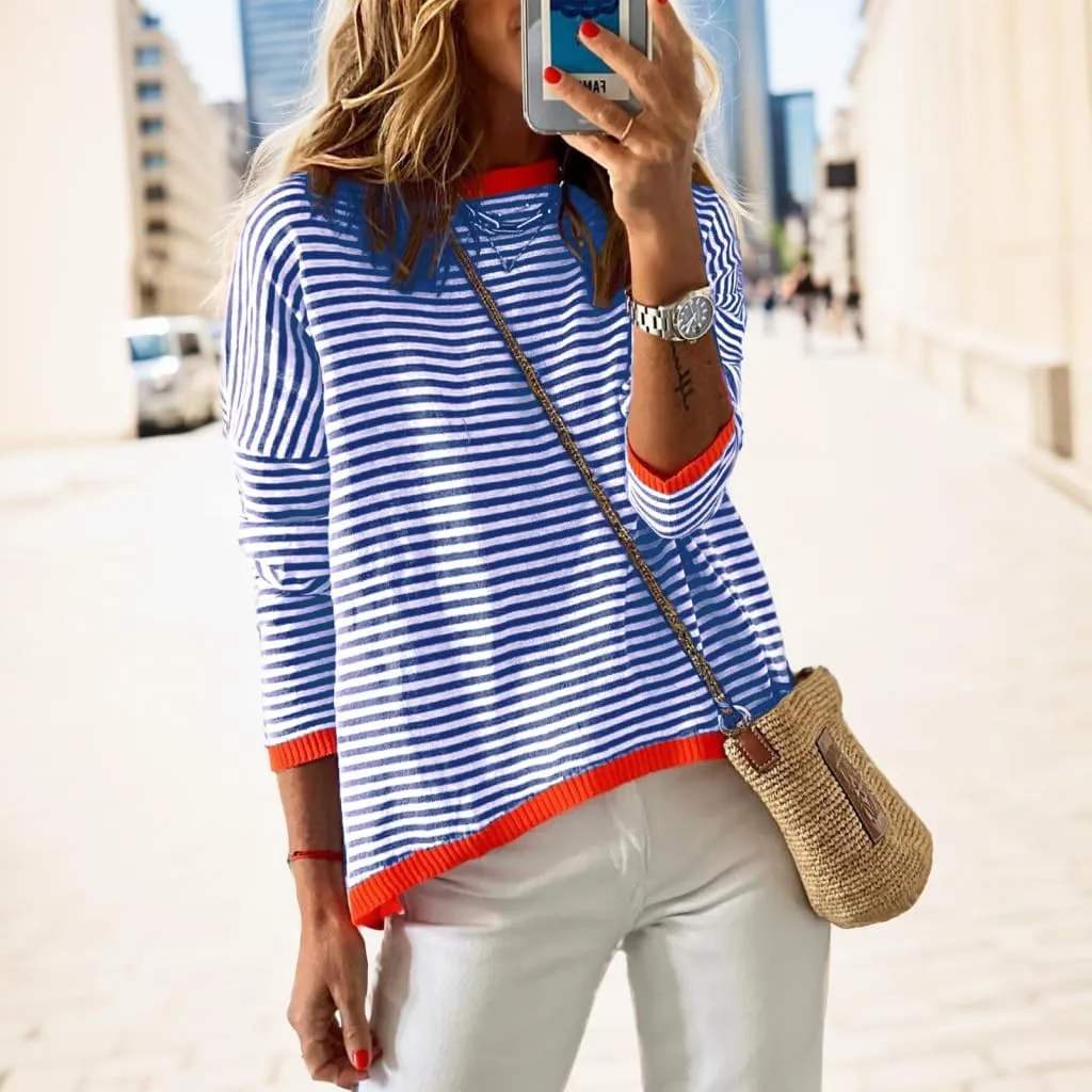 Womens Oversized Long Sleeve Sweaters Casual Crewneck Striped Color Block Knitted Jumpers Drop Shoulder Pullover Tops