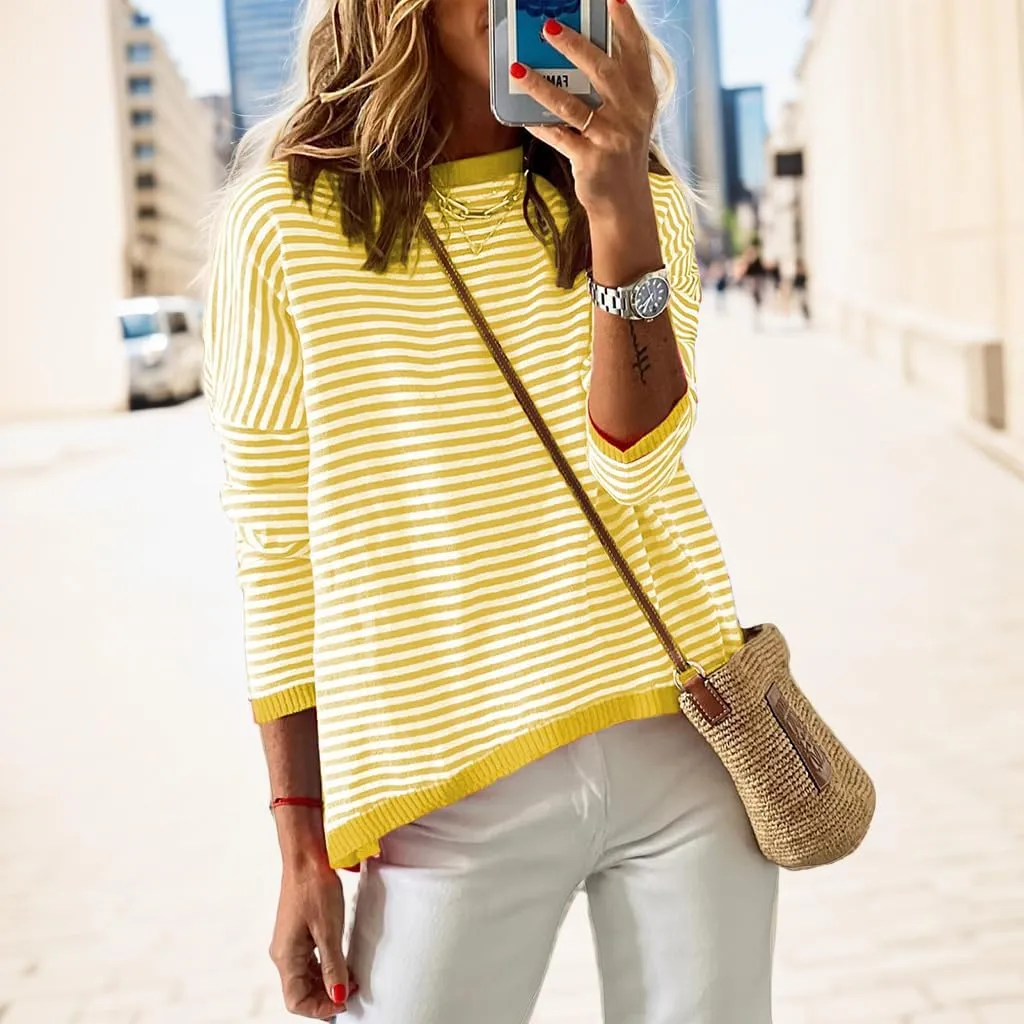 Womens Oversized Long Sleeve Sweaters Casual Crewneck Striped Color Block Knitted Jumpers Drop Shoulder Pullover Tops