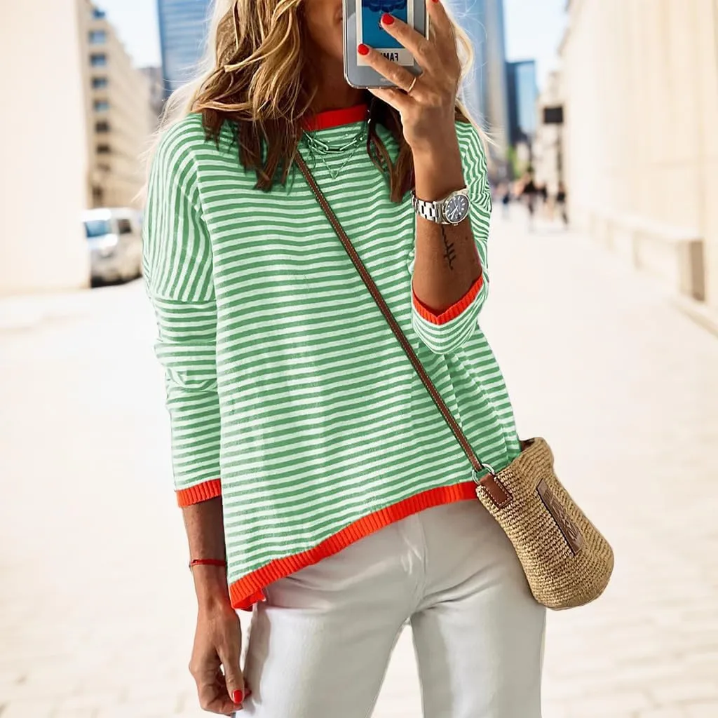 Womens Oversized Long Sleeve Sweaters Casual Crewneck Striped Color Block Knitted Jumpers Drop Shoulder Pullover Tops