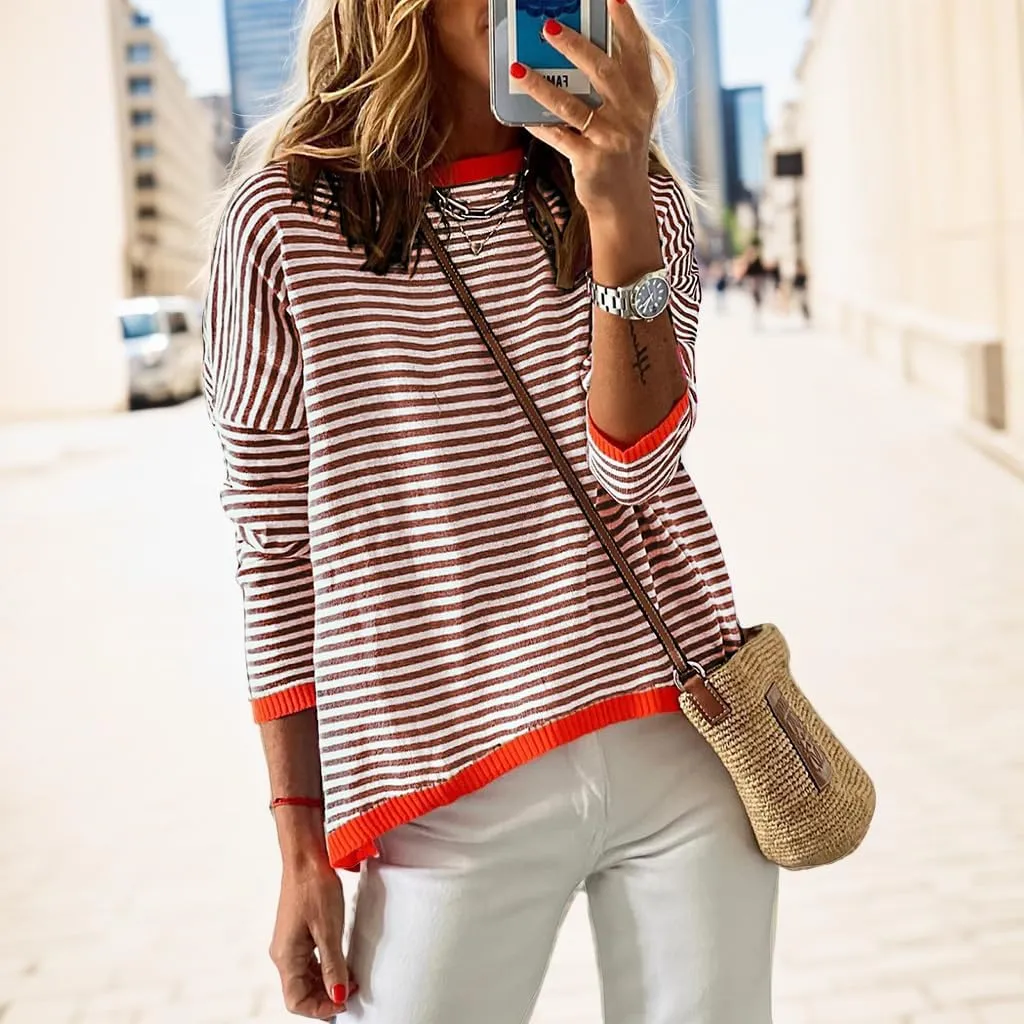 Womens Oversized Long Sleeve Sweaters Casual Crewneck Striped Color Block Knitted Jumpers Drop Shoulder Pullover Tops