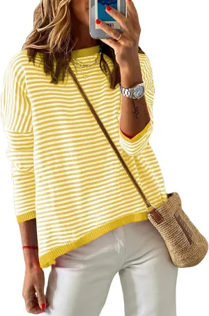 Womens Oversized Long Sleeve Sweaters Casual Crewneck Striped Color Block Knitted Jumpers Drop Shoulder Pullover Tops