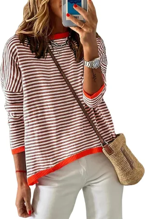 Womens Oversized Long Sleeve Sweaters Casual Crewneck Striped Color Block Knitted Jumpers Drop Shoulder Pullover Tops