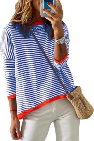 Womens Oversized Long Sleeve Sweaters Casual Crewneck Striped Color Block Knitted Jumpers Drop Shoulder Pullover Tops