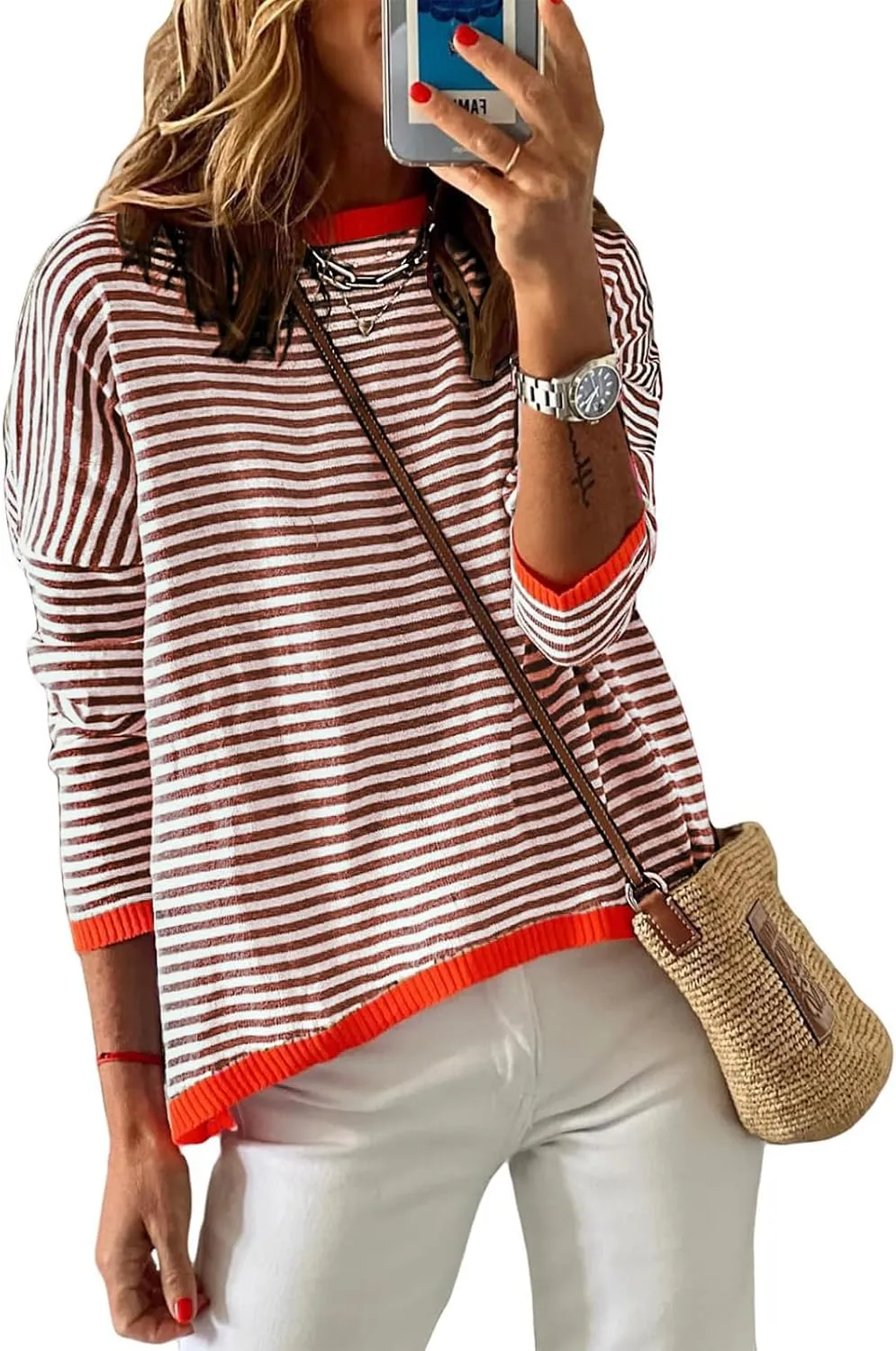 Womens Oversized Long Sleeve Sweaters Casual Crewneck Striped Color Block Knitted Jumpers Drop Shoulder Pullover Tops