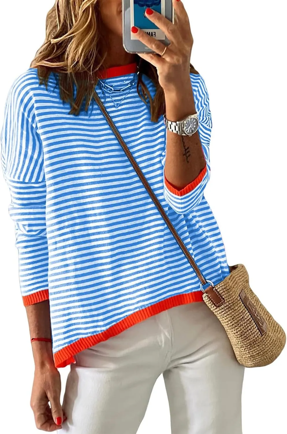 Womens Oversized Long Sleeve Sweaters Casual Crewneck Striped Color Block Knitted Jumpers Drop Shoulder Pullover Tops