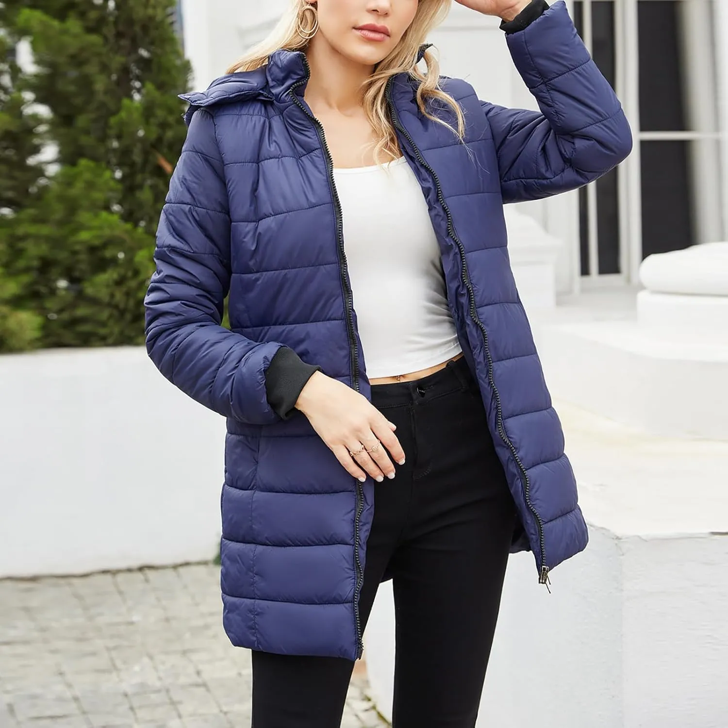 Womens Packable Puffer Coat Trendy Windproof Lightweight Down Jacket 2024 Winter Warm Long Puffer Coat Detachable Hood