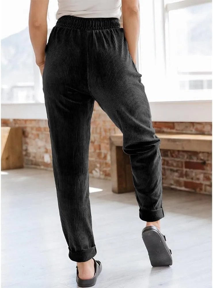 Women's Pants Casual Corduroy High Waist Straight Leg Elastic Drawstring Bottoms Trousers with Pockets