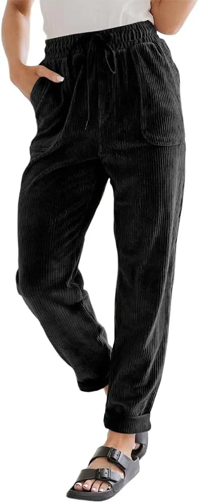 Women's Pants Casual Corduroy High Waist Straight Leg Elastic Drawstring Bottoms Trousers with Pockets