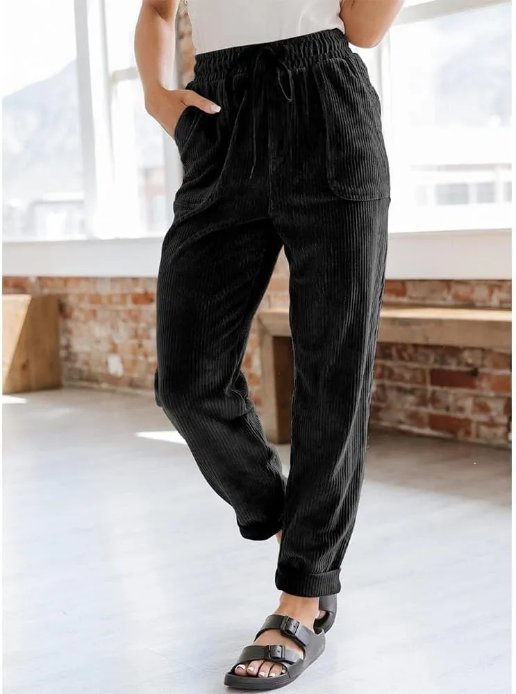 Women's Pants Casual Corduroy High Waist Straight Leg Elastic Drawstring Bottoms Trousers with Pockets