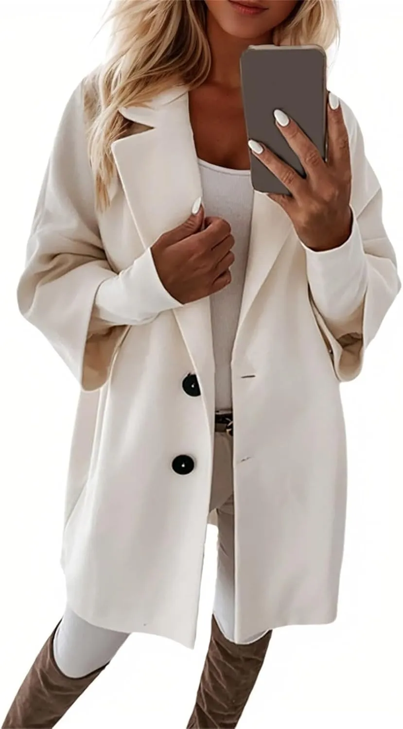 Womens Pea Coats Trendy Lapel Neck 3/4 Sleeve Button Coats Winter Double Breasted Wool Coats with Pockets