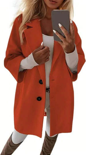 Womens Pea Coats Trendy Lapel Neck 3/4 Sleeve Button Coats Winter Double Breasted Wool Coats with Pockets