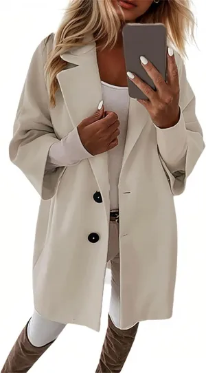 Womens Pea Coats Trendy Lapel Neck 3/4 Sleeve Button Coats Winter Double Breasted Wool Coats with Pockets