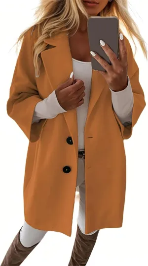 Womens Pea Coats Trendy Lapel Neck 3/4 Sleeve Button Coats Winter Double Breasted Wool Coats with Pockets