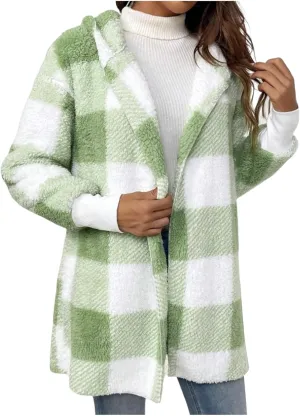 Womens Plaid Fleece Jackets 2025 Casual Sherpa Hooded Plaid Jackets Oversized Long Sleeve Loose Plaid Hoodie Jackets
