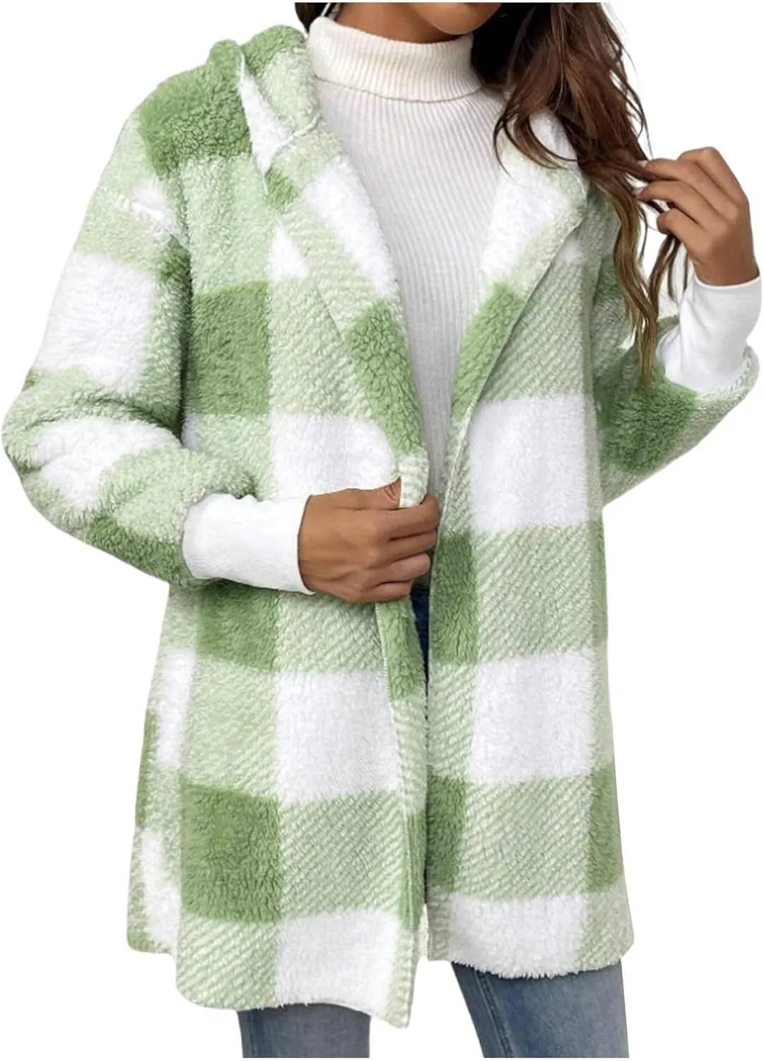 Womens Plaid Fleece Jackets 2025 Casual Sherpa Hooded Plaid Jackets Oversized Long Sleeve Loose Plaid Hoodie Jackets