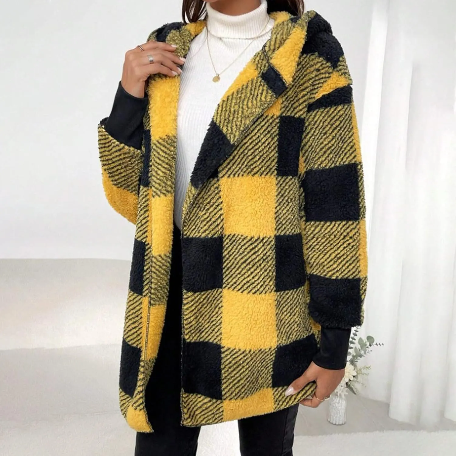 Womens Plaid Fleece Jackets 2025 Casual Sherpa Hooded Plaid Jackets Oversized Long Sleeve Loose Plaid Hoodie Jackets
