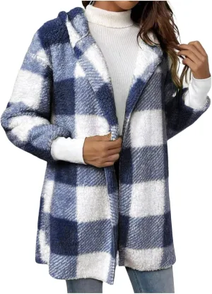 Womens Plaid Fleece Jackets 2025 Casual Sherpa Hooded Plaid Jackets Oversized Long Sleeve Loose Plaid Hoodie Jackets